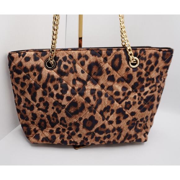 Michael Kors Brown Leopard Print Satin Leather Tote Quilted Academia Chic 36-12 - Picture 8 of 16